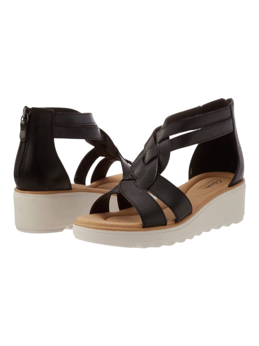 NIB Clarks Women's Size 11 M Black Leather Jillian Bright Wedge Sandals New